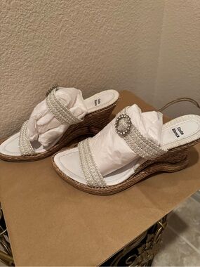 Costa Blanca White Pearl-Embellished Espadrille Wedges